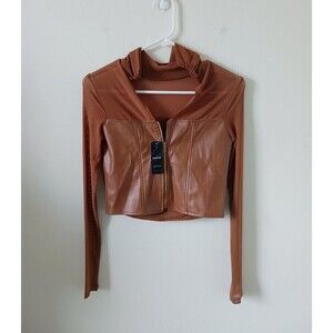 Bebe Bustier Top Vegan Leather‎ Mesh Front Zip Long Sleeve Cognac S